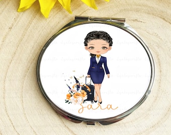 Personalised Compact Mirror For Air Hostess, Cabin Crew Gift, Cabin Crew Bag Accessory, Travel Flight Attendant, Handbag Gift For Her