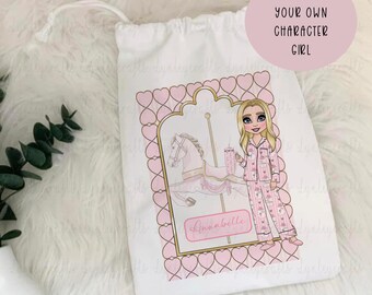 Pink Carousel Make Up Dolly, Girls Character Bag, Christmas Gift Bag, Keepsake Drawstring Bag, Ladies Personalised Pouch