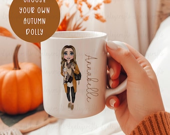 Autumn Girl Character Mug, Personalised Autumn Mug, Cosy Fall Mug For Her, Autumnal Gift To Best Friend, Cute Autumn Gifts, Autumn Home Mug