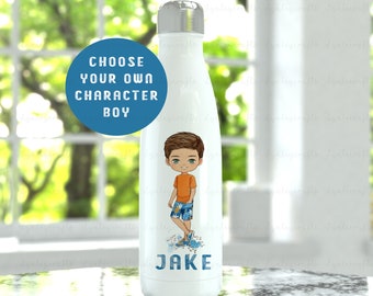 Personalised Boys Water Bottle, Beach Boy Bowling Bottle, Double Walled Drinks Bottle Hot And Cold Drinks, Boys Holiday Gift, Boys Birthday