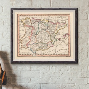 Vintage Landkarte von Spanien Digital Download Altes Spanien und Portugal Wandkarte um 1804 Geschenk zur Wohnungsermeinung