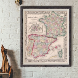 Mapa vintage de España Descarga digital Antigua España Portugal Francia Mapa de la pared Circa 1863 regalo de limpieza