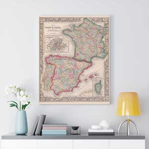 Vintage Map of Spain Circa 1863 on Canvas