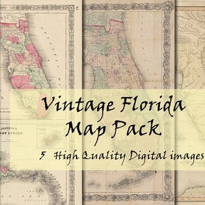 Vintage kaart van Florida pakket van 5 digitale instant downloadbare afbeeldingen van hoge kwaliteit Housewarming cadeau antieke Florida kaart