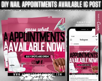 DIY Nail Appointments Available IG Post, Nail Salon, Appointments, Business, Small Business Owner, Acrylic Nails, Editable