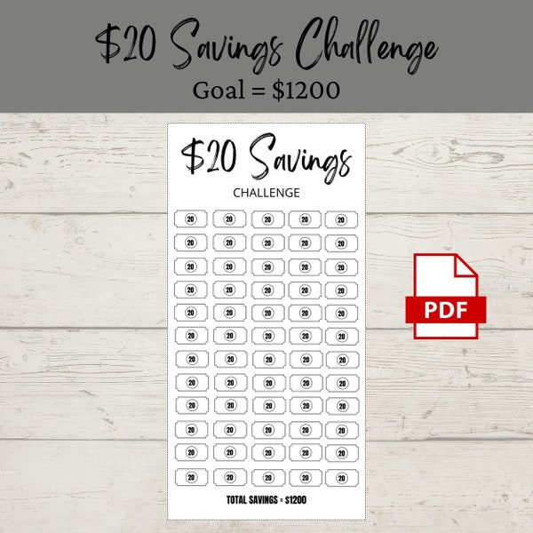 20 Dollar Bill Savings Challenge | Printable PDF | Savings Tracker | Savings | A6 | Money Challenge | Budget | Sinking Funds | Minimal