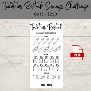 Puede incluir: Una lista de verificación imprimible para un desafío de ahorro de reabastecimiento de artículos de tocador con un objetivo de $ 250. La lista incluye artículos como cepillos de dientes, pasta de dientes, gel de baño y papel higiénico con precios correspondientes.