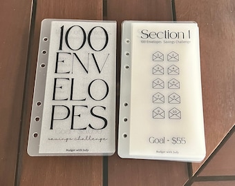 May include: Two clear plastic sheets with a 100 Envelopes Savings Challenge theme. The left sheet has the text "100 Envelopes Savings Challenge" and "Budget with Judy". The right sheet has the text "Section I 100 Envelopes Savings Challenge" and "Goal - $55 Budget with Judy".