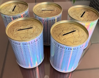Kids Savings Challenge Money Tin Can| Coins Savings Challenge| Loose Change| Sticker| Penny Savings | 50Cents| 1, 2, 5 Dollars | Holographic