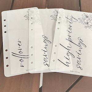 May include: Four white, translucent planner dividers with black script. The dividers are labelled "rollover", "savings", and "high priority savings". Floral line art decorates the top right corner of some dividers. The dividers have holes for binding.