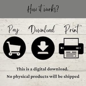 May include: Graphic showing the steps to purchase a digital download. The steps are represented by a shopping cart, a download icon, and a printer icon. Text reads "How it works? Pay Download Print." Additional text states, "This is a digital download. No physical products will be shipped."