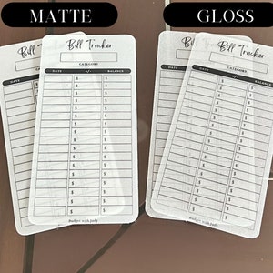 May include: Two sets of bill tracker sheets, one set with a matte finish and one set with a gloss finish. Each sheet has columns for date, category, debit or credit, and balance. The sheets are labeled "Bill Tracker" and "Budget with Judy".