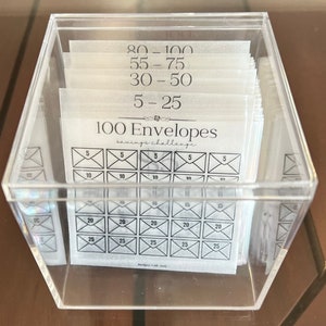 Pu&ograve; includere: Una scatola di plastica trasparente piena di 100 buste bianche, ciascuna con un importo di denaro diverso stampato su di essa. Le buste sono etichettate con numeri da 5 a 100. La scatola &egrave; etichettata "100 Buste sfida di risparmio".