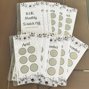 Monthly Scratch Off Savings Challenge| Cash Envelopes| Laminated Cash Envelopes| Budget Envelopes| Mystery| Scratchy| Save 3K, 10K| Floral