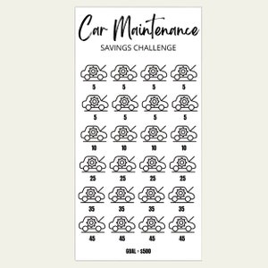 May include: A white savings challenge tracker with the text "Car Maintenance Savings Challenge" in black script. The tracker features rows of car illustrations with amounts from $5 to $45, and a goal of $500.