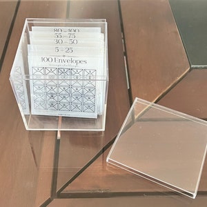 Pu&ograve; includere: Una scatola di plastica trasparente piena di 100 buste bianche. Le buste sono numerate da 5 a 100. La scatola ha un coperchio trasparente e il testo "100 Buste" &egrave; stampato sul davanti.
