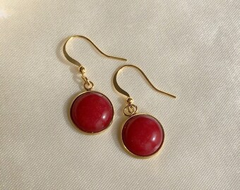 Orecchini Pendenti A Goccia In Giada Rossa - Placcati Oro 18K, Stile Boho E Minimalista