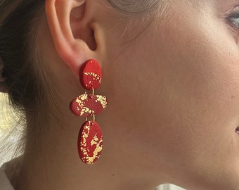 Pebble trio polymer clay stud earrings red with gold leaf, statement 24 carat gold plated, earrings gold