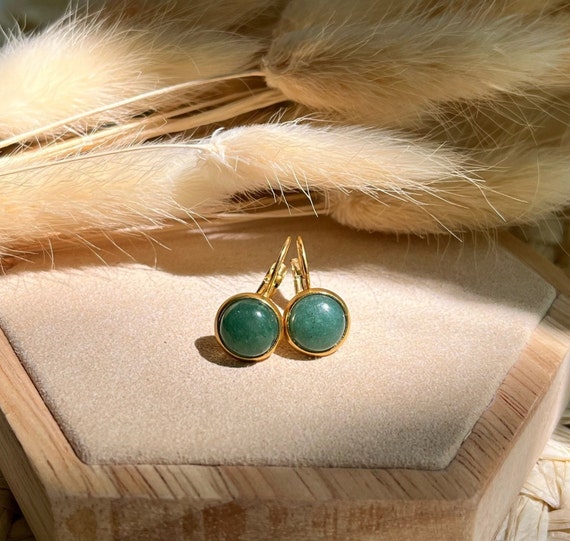 8 Mm 24 CARAT Gold plated Earrings on Stainless Steel Green