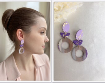 Boucles d'oreilles en argile polymère plaquées or 24 carats, boucles d'oreilles à clous « GRACE » en argile polymère en feuille d'or beige violet lilas