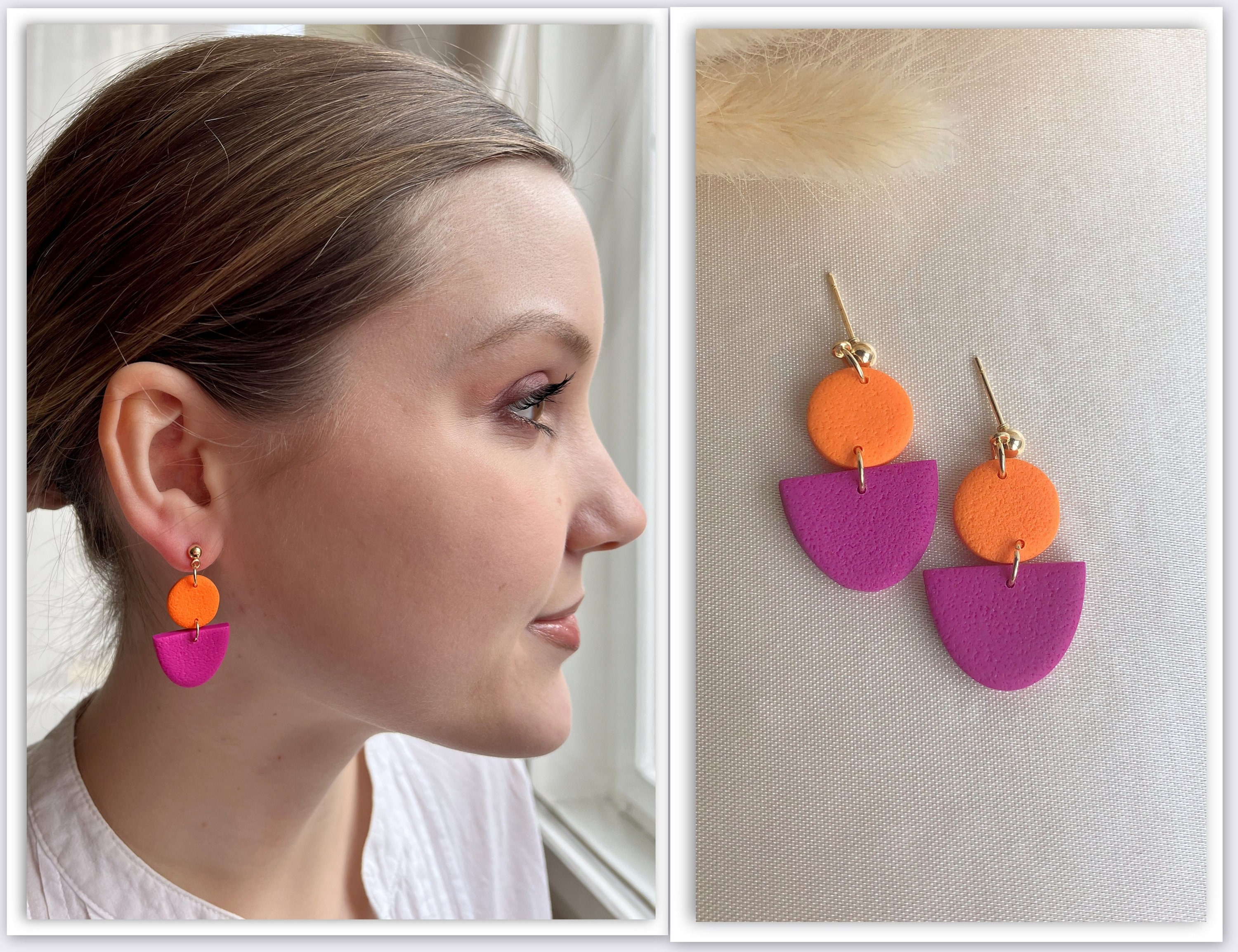 Polymer Clay Earrings 24 Carat Gold Plated CLARA Pink Orange, Polymer Clay  Earrings Colorful in Art Deco Style, Unique Stud Earrings - Etsy Denmark