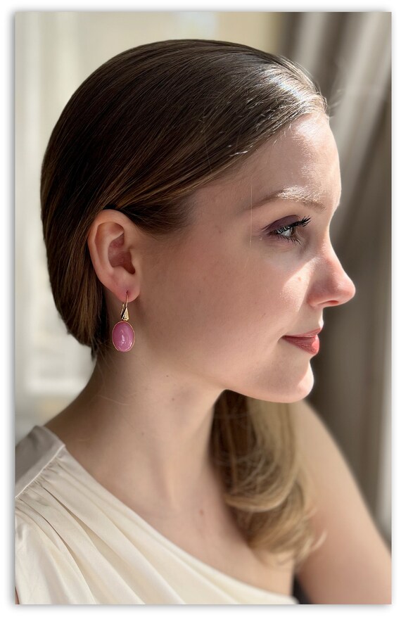 Clips D'oreilles Céline Vintage - Cabochons Roses Sur Monture Jaune, Résine, Occasion