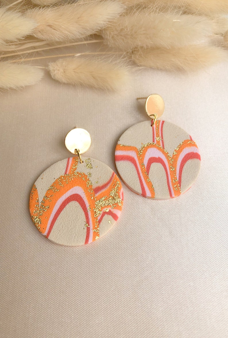 Polymer clay earrings ABELA 24 carat gold plated, statement earrings made of polymer clay in lilac pink, orange, red, gold batt gold image 4