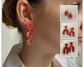 Boucles d'oreilles DALINE en pâte polymère tons rouges à la feuille d'or