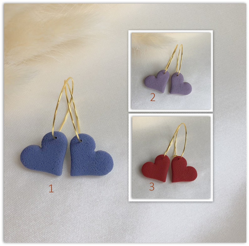 Polymer Clay Ohrringe GENEVA Creolen mit Herz in taubenblau, lilablau und flieder Bild 2