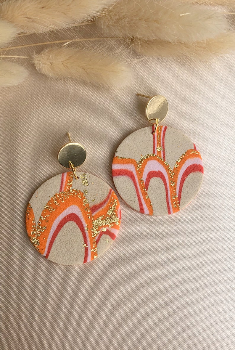 Polymer clay earrings ABELA 24 carat gold plated, statement earrings made of polymer clay in lilac pink, orange, red, gold batt gold image 5