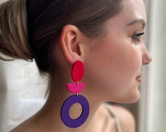 Polymer Clay Earrings 24 KARAT gold plated "LOLA" red, pink and purple, large statement earrings made of polymer clay