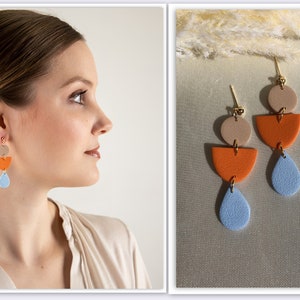 Polymer clay earring IVY BLUE SKY 24 carat gold plated summer brown orange and light blue
