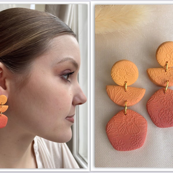 Boucles d'oreilles en argile polymère VACAY 24k plaqué or hexagone fleur imprimé, orange ombre estival, boucles d'oreilles en argile polymère dégradé fait à la main