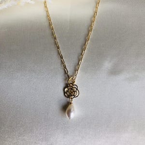 Gold chain freshwater pearls drop shape with very fine luster, delicate shimmer gold rose 24 KARAT gold plating and clasp 925 Sterling silver
