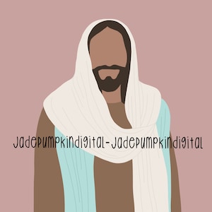 Może przedstawiać: Cyfrowa ilustracja Jezusa w białej szacie z jasnoniebieskim ubraniem wewnętrznym. Tło jest jasnoróżowe.