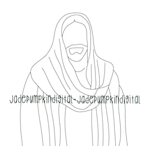 Może przedstawiać: Czarno-biały rysunek osoby w szacie. Osoba ma brodę i uśmiecha się.