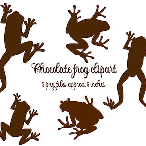 Könnte beinhalten: Braune Silhouette Clipart von fünf Fröschen in verschiedenen Posen. Der Text "Chocolate frog clipart" ist angezeigt, zusammen mit "5 png-Dateien ca. 15 cm". Die Frösche sind mit detaillierten Beinen und Schwimmhäuten dargestellt.