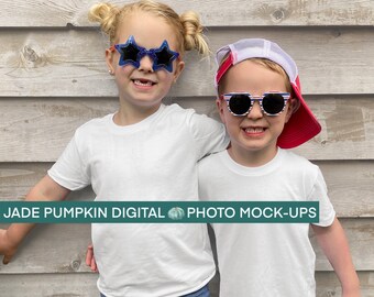Kids White t shirt mock up with two kids, two kid mock ups, childrens mock ups, white t shirt youth mock ups, Bella and Canvas Youth Mocks