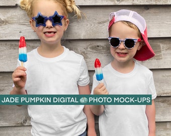 Bella and Canvas 3001, 2 kids, Youth Mock up two kids, Fourth of July white t shirt mock ups, Kid White T Shirt Mock up, 4th of july mock up