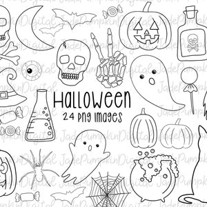Clipart de Halloween, desenho de linha Clipart de Halloween, Clip art de Halloween, Clipart minimalista de Halloween, Morcegos, Fantasmas, Gato Preto