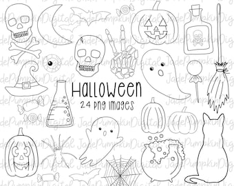 Halloween Cliparts, Linie Zeichnung Halloween Cliparts, Halloween Clip Art, minimalistische Halloween Cliparts, Fledermäuse, Geister, schwarze Katze