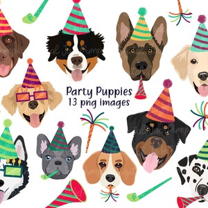 Party Hund Clip Art, Geburtstag Clipart, Welpe Clip Art, druckbare Hundekunst, Deutscher Schäferhund, digitaler Download Hunde, golden Retriever