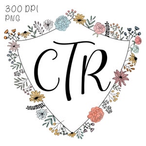 May include: A floral wreath with a shield in the center. The shield has the letters "CTR" in a black cursive font.