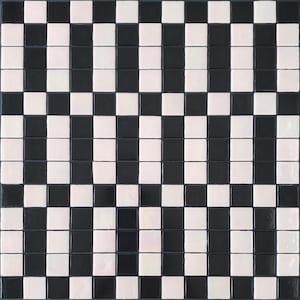 May include: A square, black and white checkered pattern. The design is made up of evenly spaced, alternating black and white squares. The pattern is symmetrical and creates a bold, graphic effect. The tiles are glossy and reflect light.