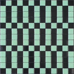 May include: A square, mosaic-style decorative piece with a checkerboard pattern. Alternating squares are black and a light, speckled green. The piece has a glossy finish and a dark border.