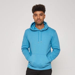 Men&#39;s Organic Cotton Pullover Hoodie - Regular Fit - Cyan Blue - Hooded Top - Ethical and Sustainable Unisex Clothing - Premium Quality