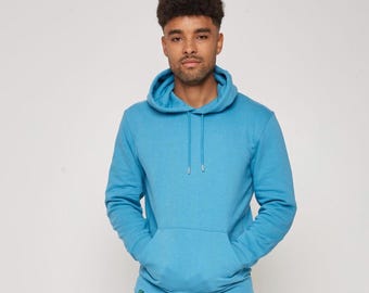 Men's Organic Cotton Pullover Hoodie: Cyan Blue - Regular Fit