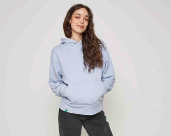 Women's Organic Cotton Pullover Hoodie - Relaxed Fit - Cool Blue - Hooded Top - Ethical and Sustainable Clothing - Premium Quality