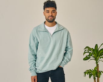 Men's Organic Cotton Quarter Zip Jacket - 100% Cotton - Relaxed Fit - Aqua Green - Light Weight - Ethical & Sustainable Clothing