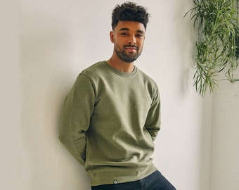 Men's Organic Cotton Sweater - Regular Fit - Khaki Green Heather - Ethical and Sustainable Clothing - Premium Quality - Soft and Breathable